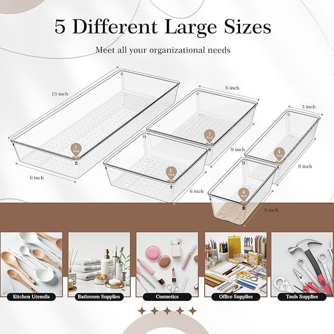 Criusia 11 PCS Clear Plastic Drawer Organizer Set - 5 Large Size Versatile Kitchen and Bathroom Organizer Trays, Non-Slip Storage Bins for Makeup, Utensils, Tool and Office Desk - ModernBath