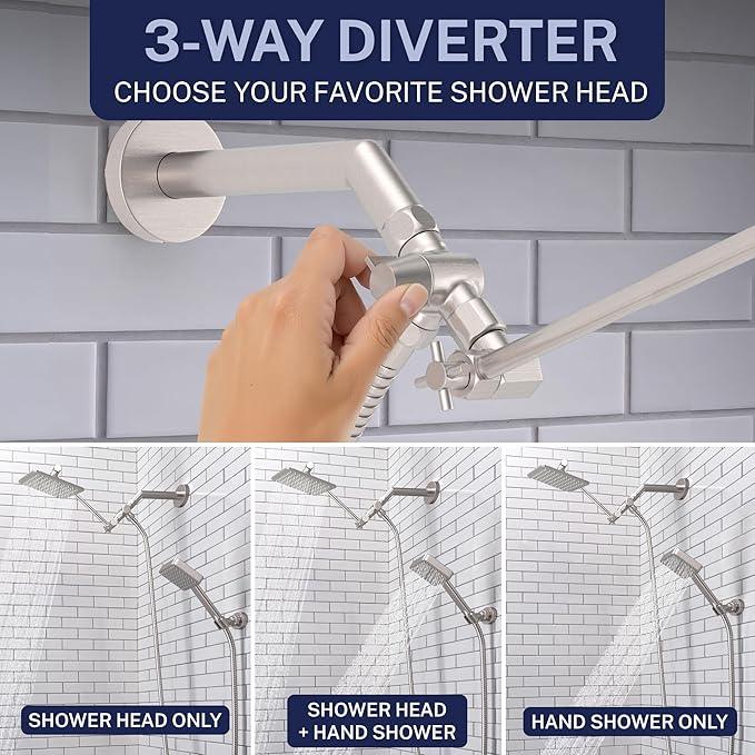 HammerHead® Solid Metal Dual Shower Head Combo — 8" Square Rain Shower Head with Handheld, 12" Adjustable Arm & Wall-Mount Holder for Flexible Installation — Brushed Nickel - ModernBath
