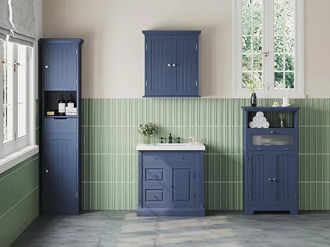 ChooChoo Bathroom Floor Storage Cabinet with Flip Glass Drawer, Freestanding with 2 Doors, Adjustable Shelf & 1 Open Storage for Living Room, Hallway, Navy Blue - ModernBath