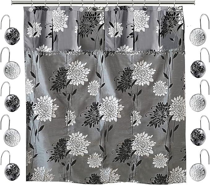 Zahari Home 13pc Erica Bathroom Fabric Shower Curtain Sets Bathroom Shower Curtain & 12 Shower Bathroom Hooks Modern Classic Luxury Contemporary Decor Grey Shower Curtain Stylish Bath Sets - ModernBath