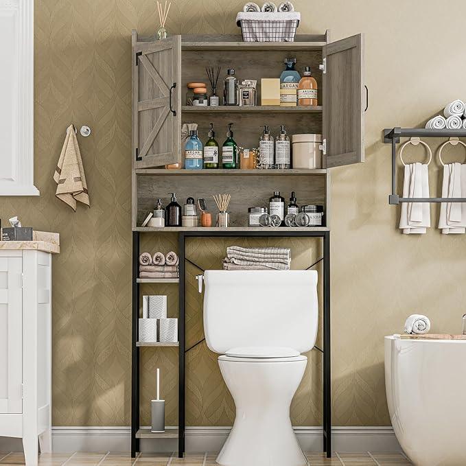 Vabches Over The Toilet Storage Cabinet, Farmhouse Storage Cabinet Over Toilet with 2 Barn Door & Toilet Paper Holder Stand，Home Space-Saving Toilet Rack, for Bathroom, Restroom, Laundry - ModernBath