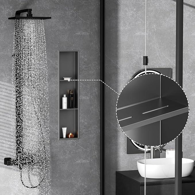 Qeke Stainless Steel Shower Niche 8" X 36", No Tile Needed Three-Tier Wall Niche, Recessed Shower Shelf for Bathroom Storage, Gun Metal - ModernBath
