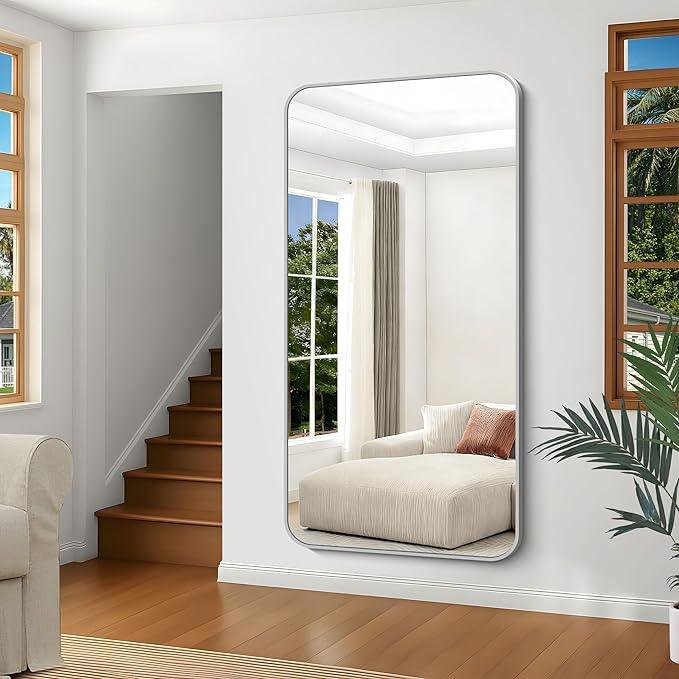 CIVENO Silver Bathroom Mirror, 72 x 36 Inch Large Rectangle Mirror, Rectangular Vanity Mirror Aluminum Metal Frame, Rounded Corner Wall Mirror for Living Room Bedroom Entryway Horizontal/Vertical - ModernBath