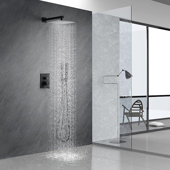 Fransiton Shower Faucet set with Shower head 10 Inches Rainfall Shower Head and Handle Set Single Handle Wall Mounted Shower System Set with Female Threads Valve Body(Matte Black) - ModernBath