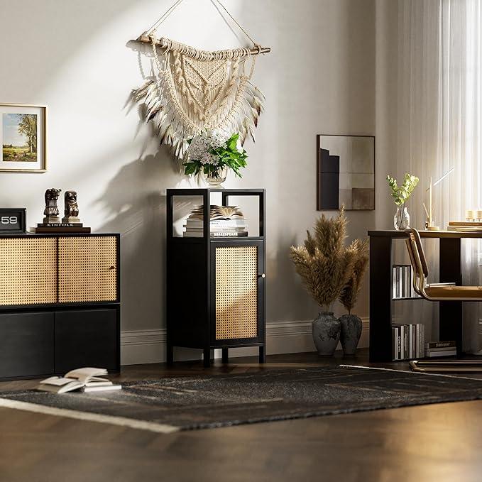 HITNET Bamboo Floor Cabinet, Small Bathroom Storage Cabinet with Single Rattan Door, Narrow Side Storage Organizer Unit Freestanding Space Saving Kitchen Cupboard, Black - ModernBath