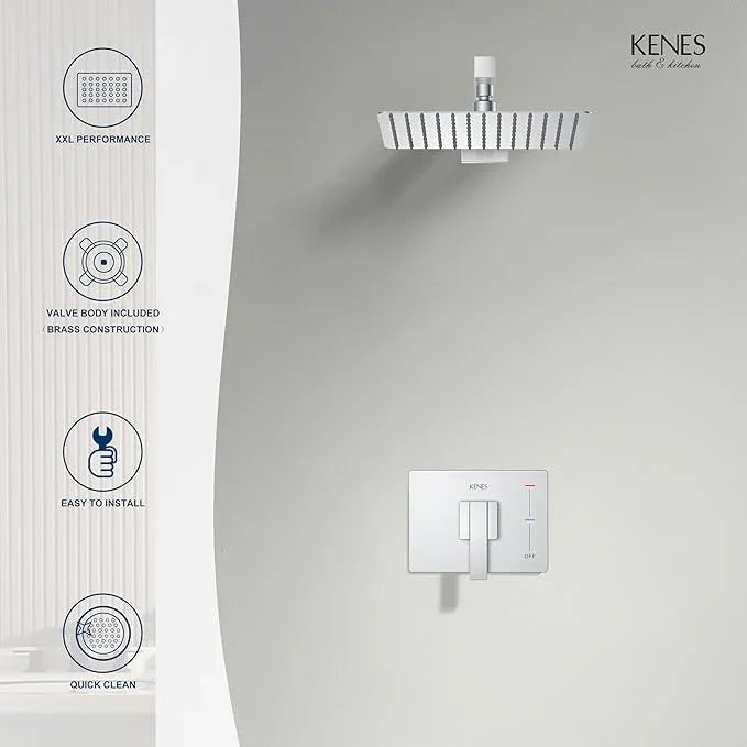 KENES Modern Polished Chrome 10-Inch Shower Head and Handle Set, Square Shower Faucet Set Bathroom Rainfall Shower System, KE-6024B-5 (Shower Valve Included) - ModernBath