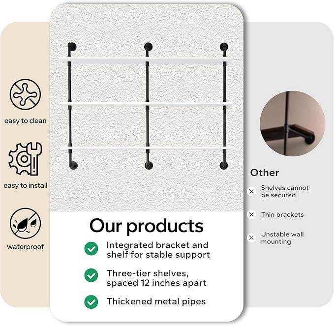 3-Tier Industrial Pipe Floating Shelf – Rustic 48 inch Wood Wall-Mounted Storage Shelf for Kitchen Office,Bathroom & Home Decor -White - ModernBath