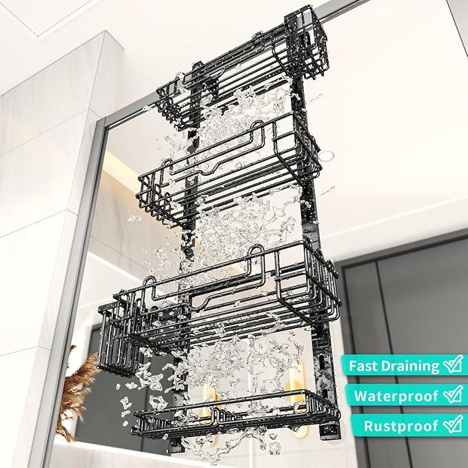 HapiRm 4 Tier Over the Door Shower Caddy, Hanging Shower Caddy with 22 Hooks and 2 Toothbrush Holders, No Drilling Adjustable Hanging Bathroom Organizer - Black - ModernBath