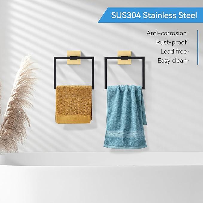 LANC Hand Towel Holder for Bathroom Wall Mount Matte Black and Brushed Gold Square Hand Towel Holder for Bath Lavatory SUS304 Stainless Steel Modern Style Shower Towel Towel Racks Hanger, A8896GK - ModernBath