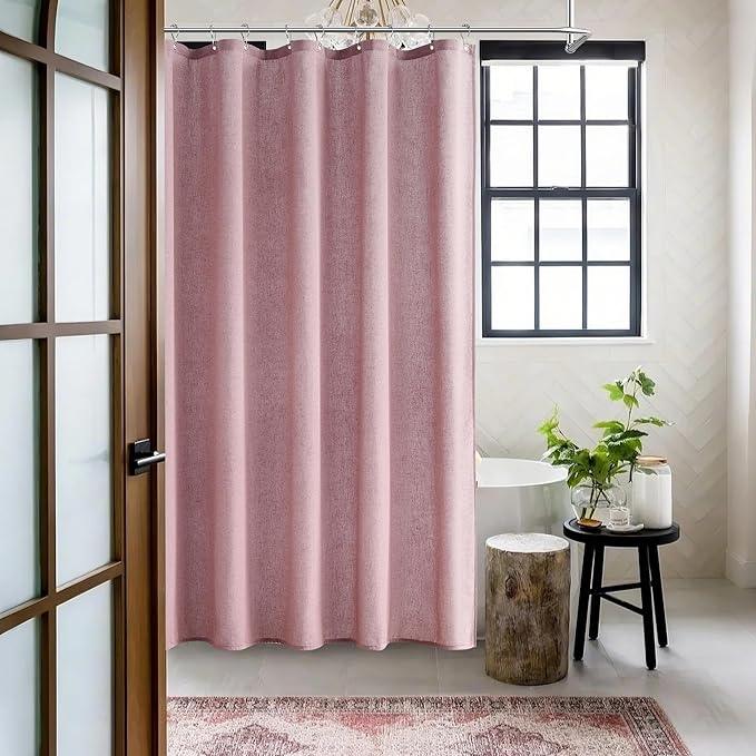 Jowels Blush Pink Linen Shower Curtain, Boho Farmhouse Shower Curtain Set for Bathroom, 200GSM Luxury Weighted Water Resistant Fabric Textured Shower Curtains with 12 Metal Hooks, 72Wx72H - ModernBath