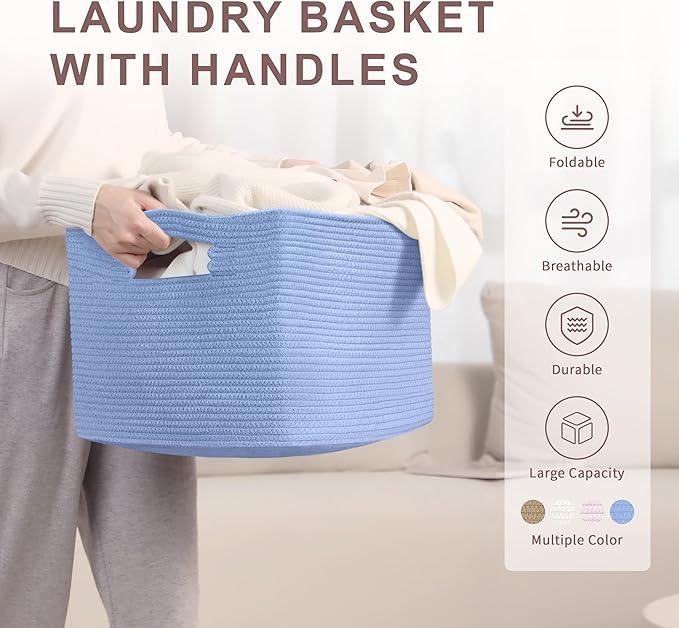 45L Small Baby Girls Laundry Basket for Nursery Storage,Cute Woven cotton Rope Baskets for Kids Toy，Gifts, Boho Square Wicker Blanket hamper for Living Room,Bedroom Dirty Clothes,Blue Purple - ModernBath