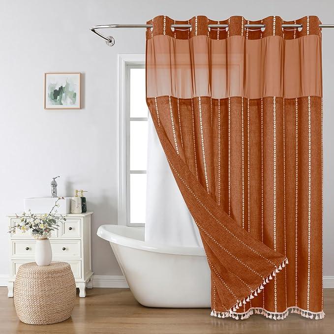 eachope No Hook Extra Long Shower Curtain Set with Snap-in Liner,Linen Textured Thick Striped Fabric with Tassels,Boho Chic Modern Farmhouse Bathroom Curtain,Water-Repellent,Orange,71x86 - ModernBath