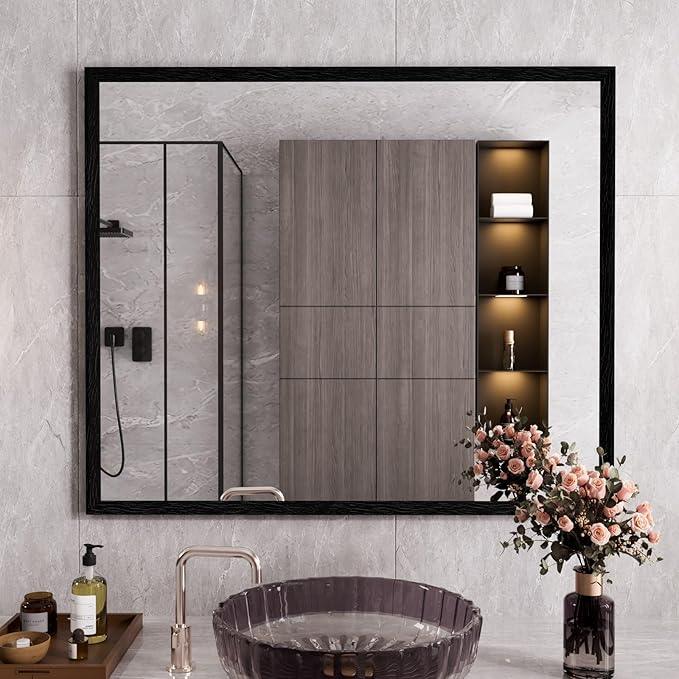 WEER Black Framed Mirror 36X30 Inch, Rectangular Matte Black Bathroom Vanity Mirror, Farmhouse Bathroom Mirror with Tempered Glass, Anti-Rust, Hangs Horizontal or Vertical - ModernBath