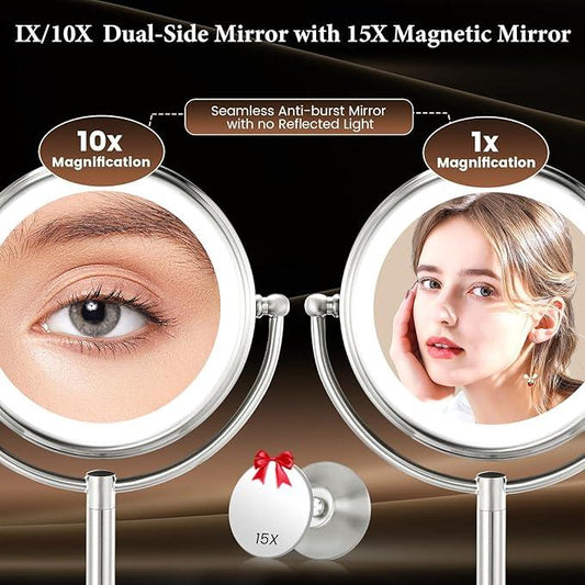 Professional 8.5" Large Lighted Makeup Mirror with Brighter Lights, 1X/10X True HD Magnifying Mirror with 3 Color Dimmable Lights, 90 Shadowless LEDs, 360°Swivel Seamless Vanity Mirror, Pearl Nickel - ModernBath