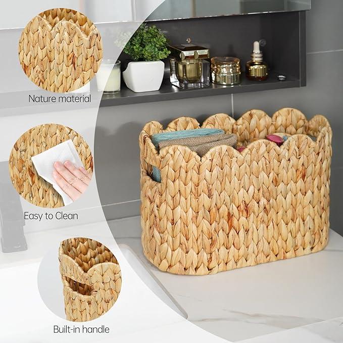 Toilet Paper Storage Basket,Scalloped Wicker Basket for Bathroom Organizers and Storage,Hand-Woven Rattan Bathroom Decor Accessories,Natural Water Hyacinth - ModernBath