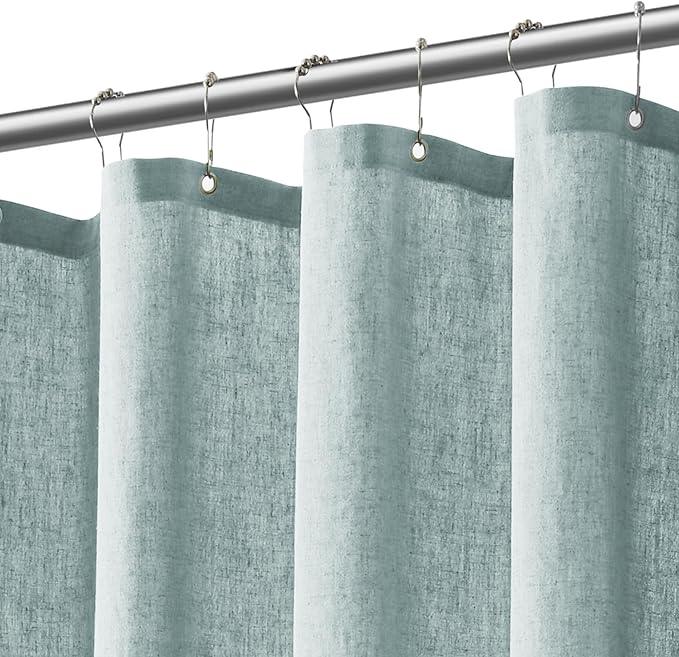 Jowels Blue Linen Shower Curtain, Boho Farmhouse Shower Curtain Set for Bathroom, 200GSM Luxury Weighted Water Resistant Fabric Textured Shower Curtains with 12 Metal Hooks, 72Wx90H - ModernBath