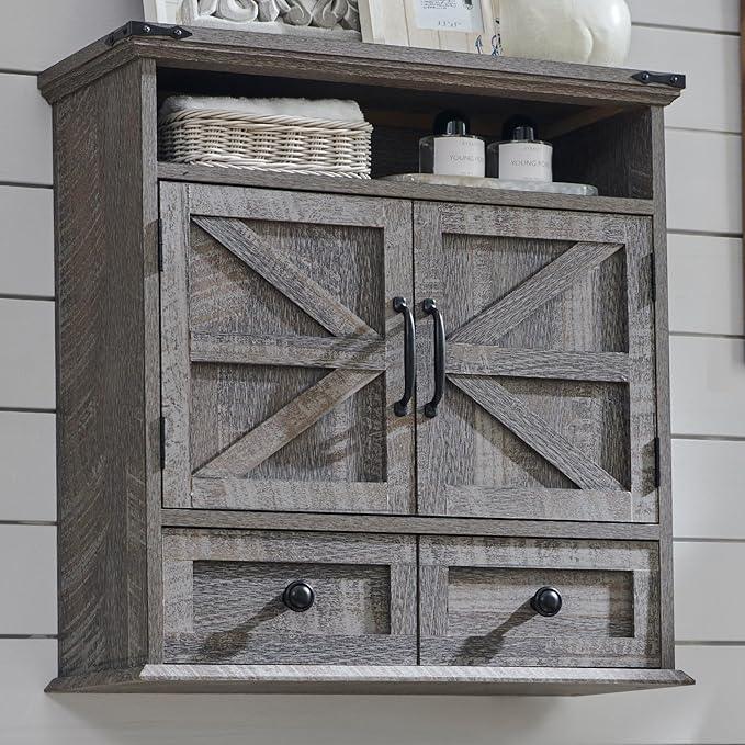 ACCOHOHO Bathroom Wall Cabinet, Farmhouse Medicine Cabinet, 24" Wide Cabinet with Drawer, Adjustable Shelf, Double Barn Doors, Storage Cabinet for Bathroom, Kitchen, Living Room, Grey Wash - ModernBath