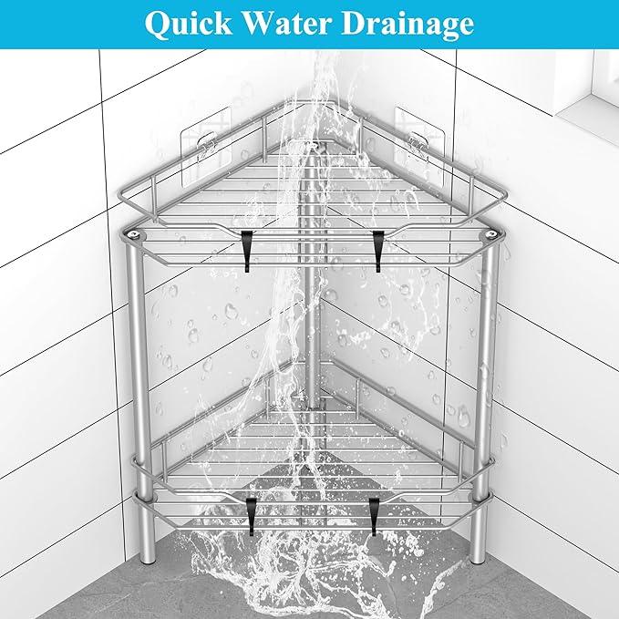 2 Tier Floor Standing Corner Shower Caddy Organizer Shelf with Hooks, Bathroom Shelves Stand Rack, Gray - ModernBath