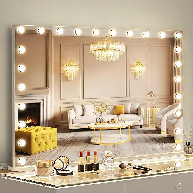 FENCHILIN Vanity Mirror with Lights 47'' x 35'' Tempered Glass Super Large Hollywood Mirror with 24 Dimmable Bulbs for Makeup Table/Hanging Bluetooth Speaker Mirror with Touch Screen & USB Charge Port - ModernBath