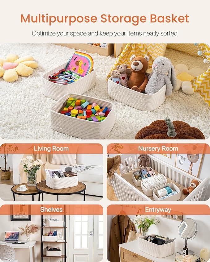 Small Woven Basket, 13.5 x 9.5 x 5 Inches, Storage Basket for Organizing, Cute Small Rope Shelf Closet Cube Storage Bins Baskets for Shelves, Dog Toy Gift Baskets Empty, 3 Packs, Off White - ModernBath