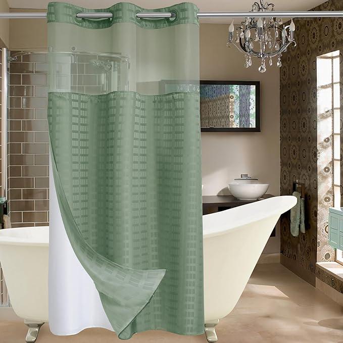 Conbo Mio Stall No Hook Sage Green Shower Curtain with Snap in Liner Set, Hotel Luxury Shower Curtains for Bathroom with See Through Top Window, Waterproof, Washable 36W x 74H - ModernBath