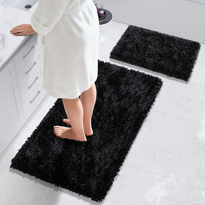 Yimobra Bathroom Rug Set 2 Piece, Luxury Shaggy Bath Mat Set with Non Slip Backing, Ultra Soft & Absorbent Mats for Bathroom Floor, Machine Washable, 44"x24"+24"x17", Black - ModernBath