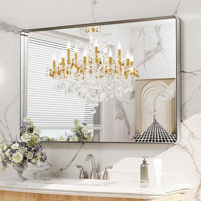 LOAAO 48X30 Inch Brushed Nickel Bathroom Mirror, Rounded Rectangle Silver Metal Frame Mirror, Brushed Nickel, Anti-Rust, Shatter Proof, Hangs Horizontally or Vertically - ModernBath