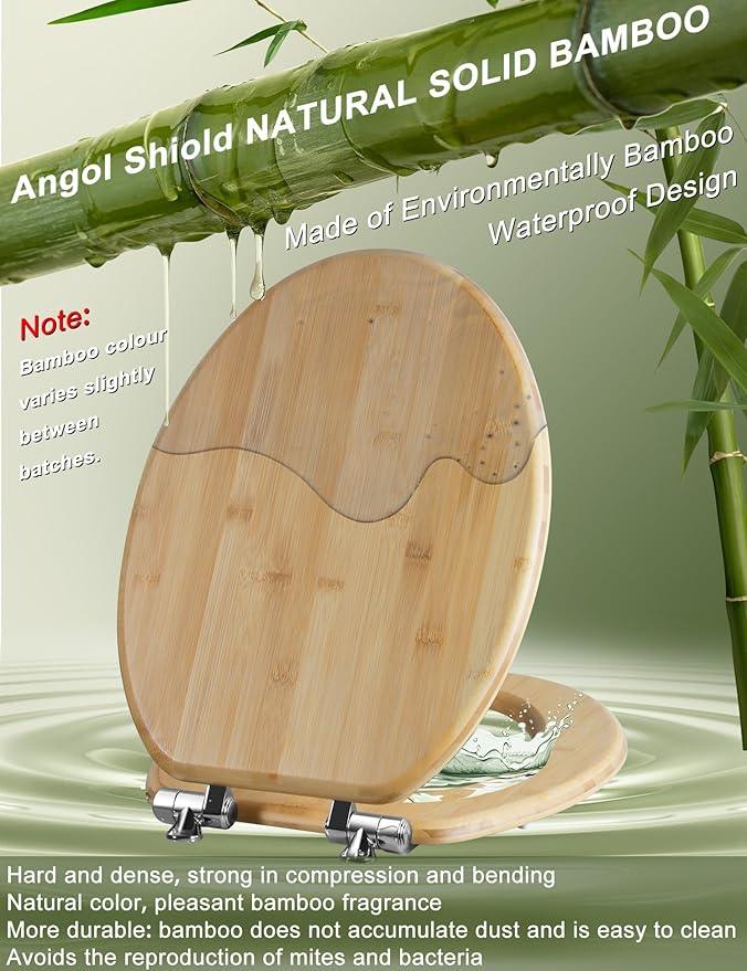 Angol Shiold ELONGATED Bamboo Wood Toilet Seat Soft Close Zinc Alloy Strong Hinges, Light, Easy to Install & Clean, Up to 400 lbs (Elongated 18.5", Natural Bamboo) - ModernBath