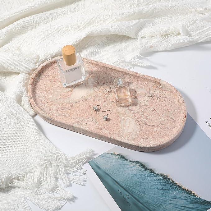 Koville Pink Marble Tray for Bathroom Countertop, Vanity Tray Stone Trays for Decor, Natural Marble Decorative Tray for Dresser Organizer, Storage Trays for Perfume, Jewelry, Cosmetics(Coquille Pink) - ModernBath