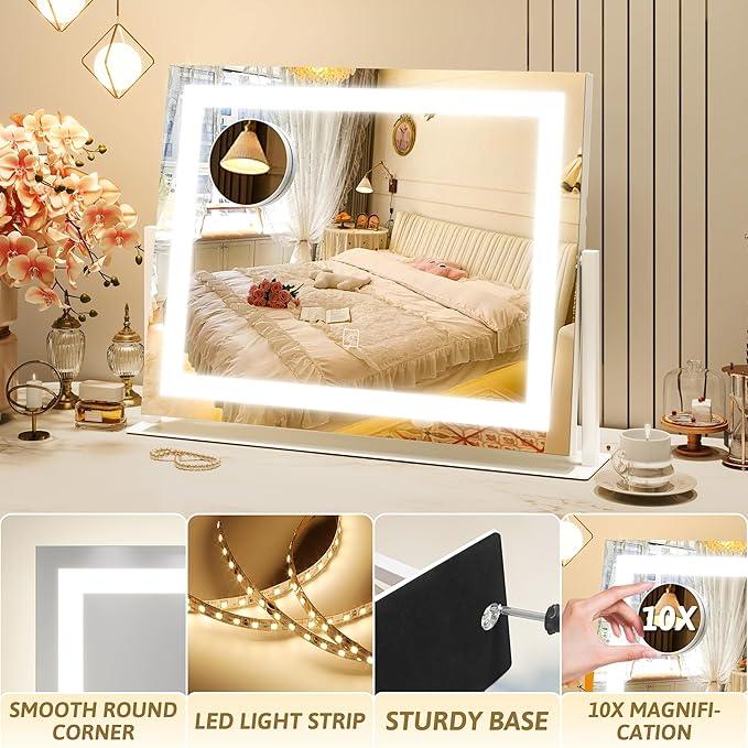ROLOVE Vanity Mirror with Lights 22"x18", Lighted Makeup Mirror with 10X Magnification, Smart Touch 3 Colors Dimmable, 360° Rotation, Women Gift, Dresser Mount, Bathroom (White) - ModernBath