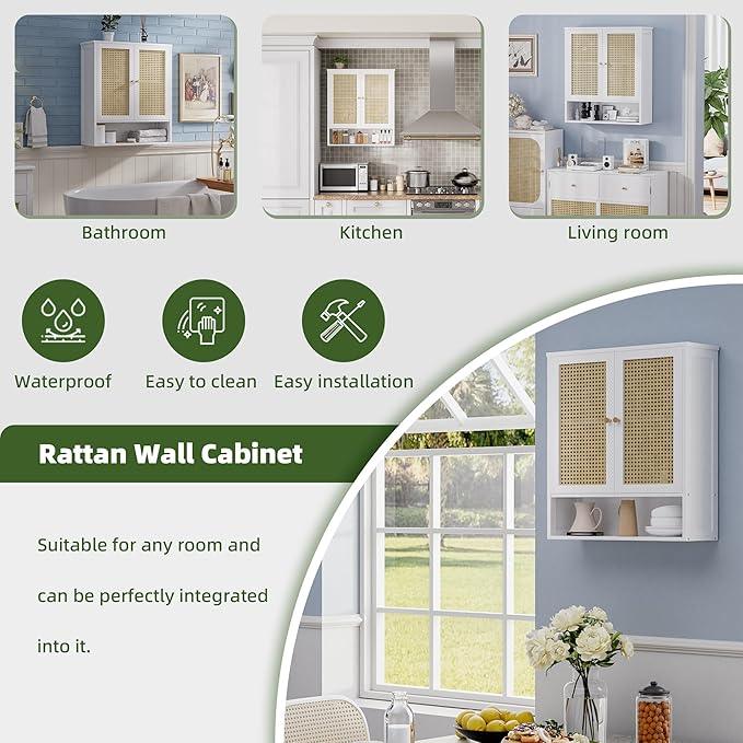 Bathroom Wall Cabinet, Bamboo Over-The-Toilet Storage Organizer with 2 Rattan Doors and Adjustable Shelf, Space Saver Medicine Cabinet for Laundry, Kitchen, Living Room (White) - ModernBath