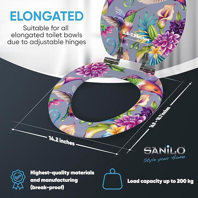 SANILO Wooden Toilet Seat with Soft Close [ELONGATED] - Decorative, Quiet & Slow Close Molded Wood Seat - With Strong Bumpers & Hinges - Adjustable Fit - Hummingbird - ModernBath