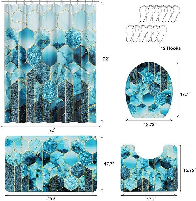 XLHOMO Bathroom Sets with Shower Curtain and Rugs - 4PC Teal Geometric Shower Curtain Set with 12 Hooks, Toilet Cover, U-Shaped Mat and Rugs Modern Abstract Bathroom Accessories for Bathroom - ModernBath