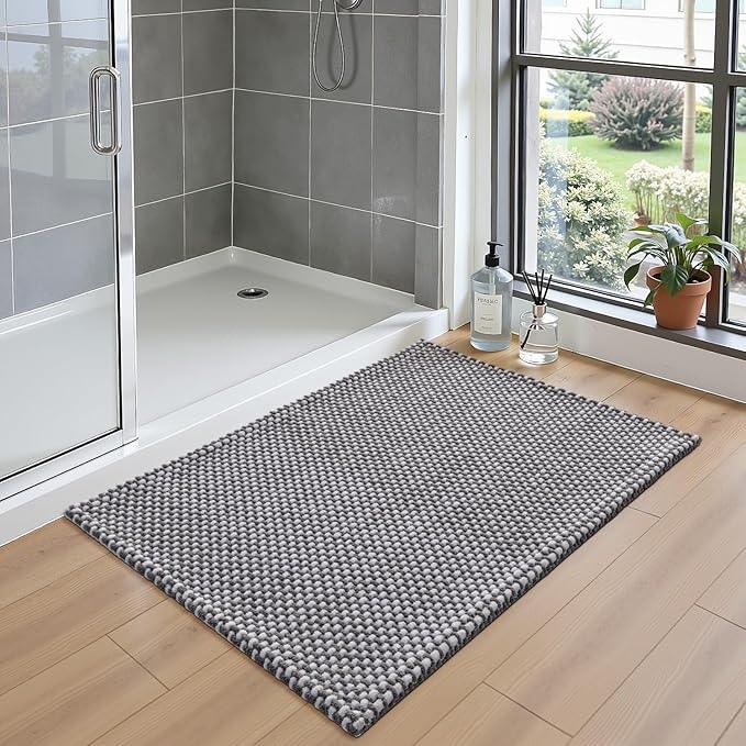 DEXI Bathroom Rugs 20x32, Non Slip Washable Bath Mat, Absorbent Chenille Bathmat, Ultra Soft Thick Carpet for Tub Shower Floor, Grey and White - ModernBath