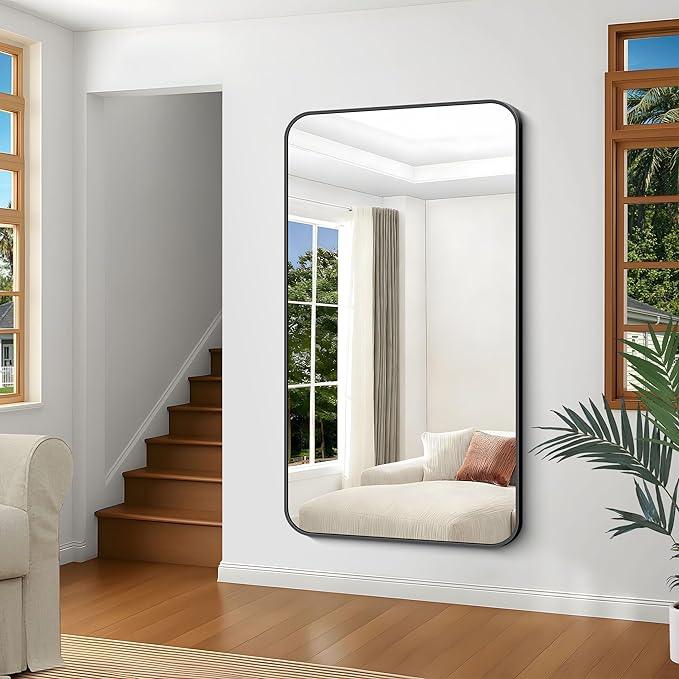 CIVENO Black Bathroom Mirror, 66x36 inch Aluminum Metal Frame Rectangular Vanity Mirror, Large Wall Mounted Rectangle Mirrors with Rounded Corner for Over Sink Bedroom Living Room Horizontal/Vertical - ModernBath