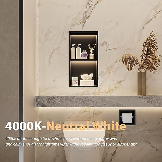 Stainless Steel Shower Niche 12" X 24", No Tile Needed Wall Niche with 3 Selectable Color Temperatures Led Light, Recessed Shower Shelf for Bathroom Storage Over Mount Installation, Matte Black - ModernBath