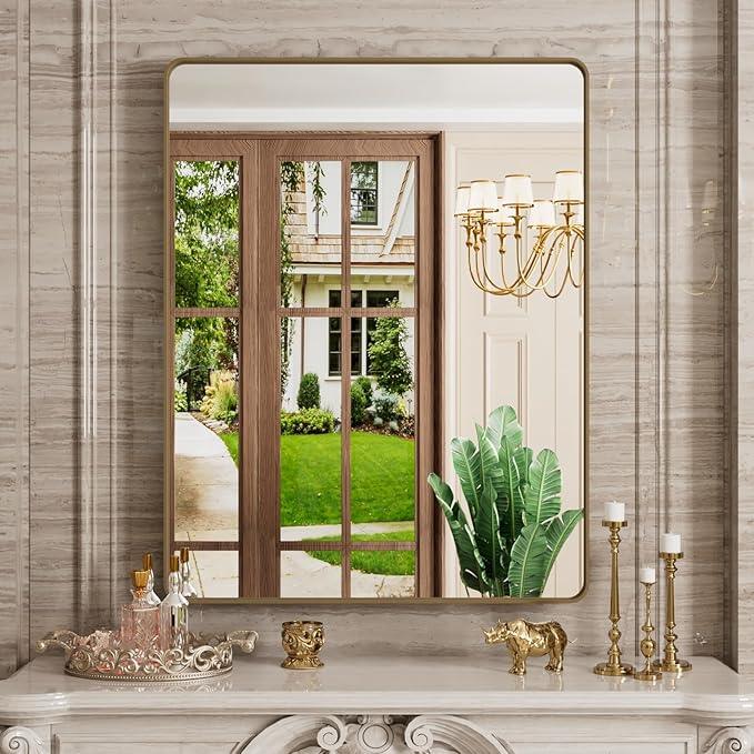 JISOSO Bronze Bathroom Mirror 28x36 Inch, Brushed Bronze Metal Frame Mirror for Wall, Rounded Rectangle Bathroom Vanity Mirror with Tempered Glass, Anti-Rust, Horizontal/Vertical - ModernBath