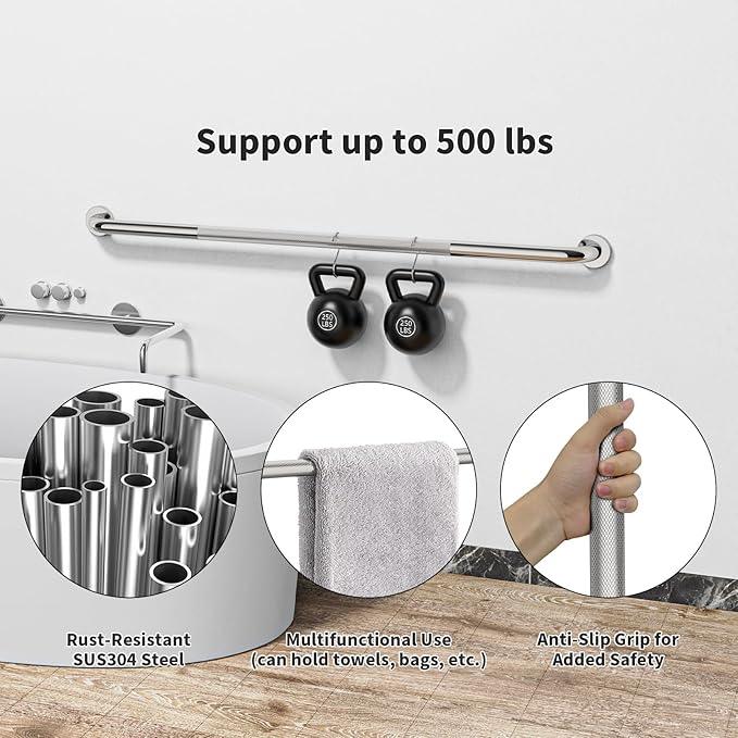 48 Inch Anti Slip Shower Grab Bar, 2 Pack Munzong Bathroom Grab Bar for Showers, Brushed Nickel Knurled Handicap Balance Bar,Safety Hand Rail Support Elderly Senior Assist Bath Handle - ModernBath