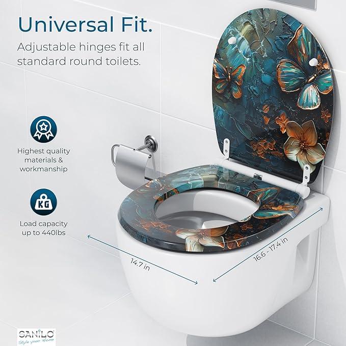 Sanilo Wooden Toilet Seat with Quick Release & Soft Close [ROUND] - Decorative & Slow Close Molded Wood Seat - With One Click for Easy Installation & Cleaning - With Adjustable Fit (Mariposa) - ModernBath