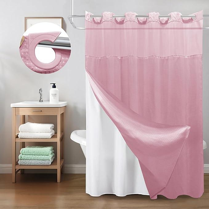 Inhousolu No Hook Shower Curtain with Snap in Fabric Liner Set Waffle Weave 230GSM Weighted Hem, Waterproof & Washable Bathroom Curtain Spa Luxury with Mesh Top Window 72" W x 72" L Pink - ModernBath