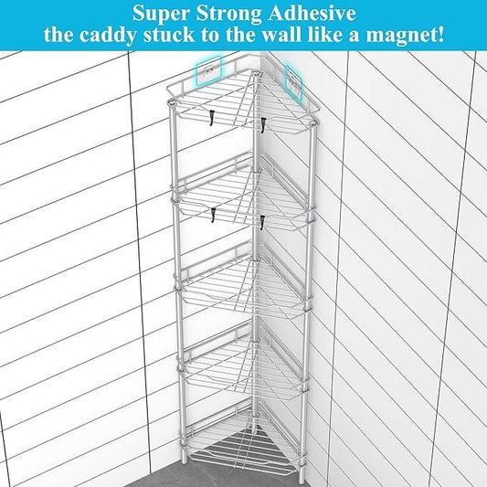 5 Tier Floor Standing Corner Shower Caddy Organizer Shelf with Hooks, Bathroom Shelves Stand Rack, Silver - ModernBath