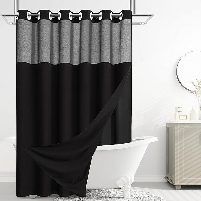 Jowels No Hooks Needed Linen Shower Curtain and Liner Set,Black Hotel Luxury Decor Shower Curtains for Bathroom with See Through Top Window,Water Resistant Fabric,72Wx87L,Black - ModernBath