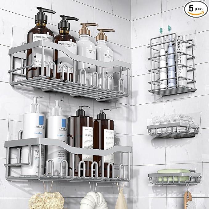 EUDELE 5-Pack Rustproof Stainless Steel Shower Caddy – No Drill Adhesive Bathroom Organizer with Large Capacity, Spacious Shower Shelves for Inside Shower, Kitchen & Home Decor Storage-XL Size - ModernBath
