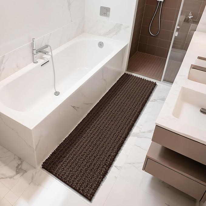 Yimobra Bathroom Runner Rug 60x24 Inch - Extra Long Non Slip Chenille Bath Mat, Soft & Absorbent, Machine Washable Shaggy Hallway Carpet for Vanity Tub Shower, Brown Home Decor Accessories - ModernBath