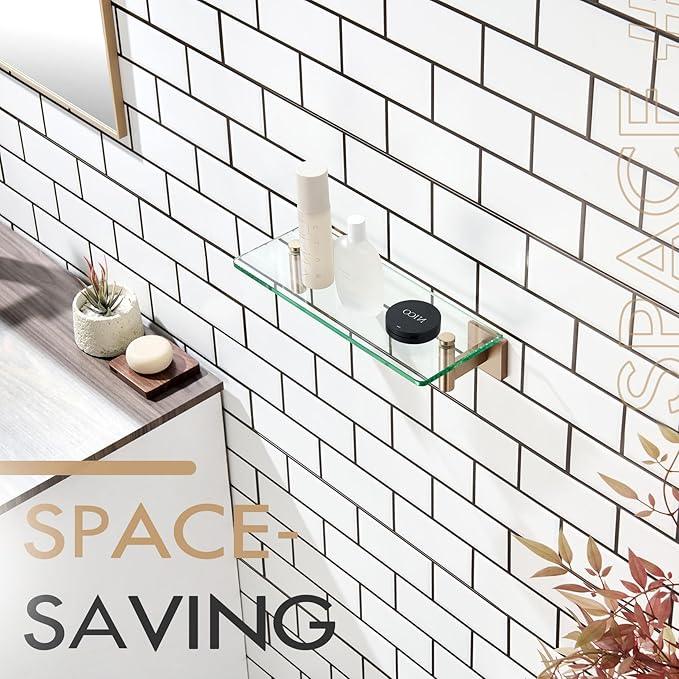 KOKOSIRI Wall Shelves Bathroom Hardware Glass Floating Shelf Small Hanging Rack Storage/Room Decor 12-Inch Champagne Bronze 2 Pack B1105CPG-L12-P2 - ModernBath