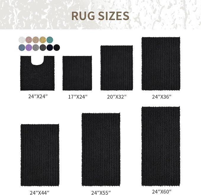 Ruggnovea Chenille Bathroom Rugs Non Slip Washable, Extra Thick Soft Absorbent Chenille Bath Mat, Non-Slip Barrier Backing, Quick Dry Machine Washable Bath Mats Tub, Shower,Floor/Sink,24x17,Black - ModernBath