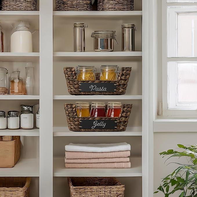 Casafield Set of 2 Water Hyacinth Pantry Baskets with Handles, Chalkboard Labels, and Marker - Espresso, Wide Woven Storage Bin Organizers for Kitchen Shelves - ModernBath