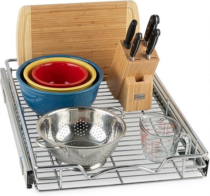 HOLDN’ STORAGE Pull Out Cabinet Organizer, Heavy Duty Caddy w/Lifetime Limited Warranty -14”W x 21”D - Requires At Least 15-1/4” Cabinet Opening, Steel Metal Cabinet Drawers Slide Out, Chrome - ModernBath