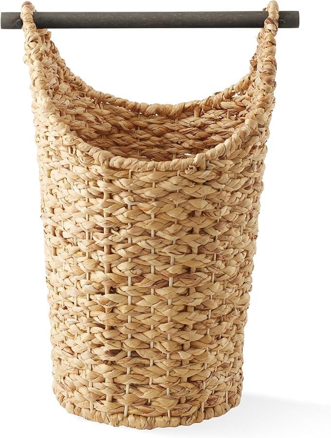 Casafield Toilet Paper Storage Basket with Wood Roll Holder Bar - Natural, Braided Water Hyacinth Wicker Bathroom Tissue Storage Organizer - ModernBath