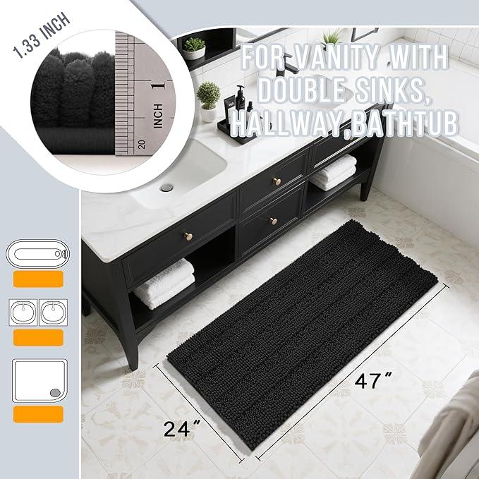 Yimobra Bathroom Rug Mat 47 x 24, Non Slip and Super Absorbent Bath Mat,Machine Washable Quick Dry,Ultra Plush Chenille Shower Rugs for Bathroom Floor Sink Tub and Shower Outside,Black - ModernBath